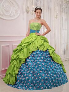 Spring Green and Blue Strapless Taffeta Beaded Quinceanera Dress in Tacoma
