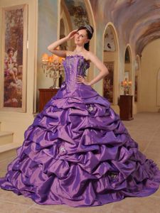 Purple Strapless Taffeta Quince Dress with Court Train and Pick-ups in Kent
