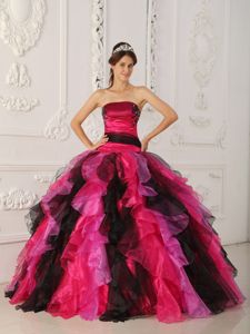 Multi-colored Strapless Organza Appliqued Quince Dress with Ruffles in Olympia