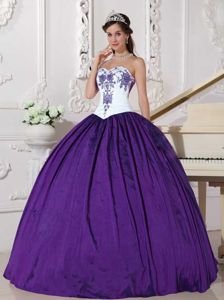 White and Eggplant Purple Sweetheart Taffeta Embroidered Quince Dress in Kent