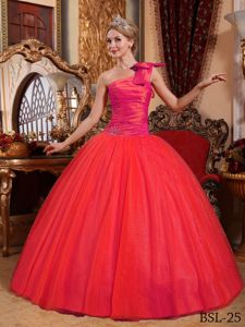 One Shoulder Floor-length Tulle Beaded Quinceanera Dress in Coral Red in Auburn