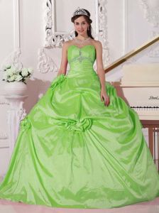 Sweetheart Taffeta Beaded Spring Green Quinceanera Dress with Hand Flowers