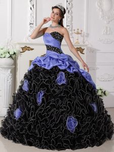 Lilac and Black Sweetheart Organza Beaded Quince Dress with Rolling Flowers