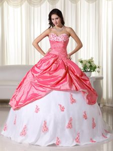Watermelon and White Sweetheart Taffeta Quinceanera Dress with Appliques