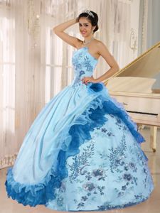 Asymmetrical Baby Blue Long Dress for Quince with Appliques and Flower