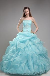 Cute Light Blue Beaded Strapless Full-length Dress for Quinces with Ruffles