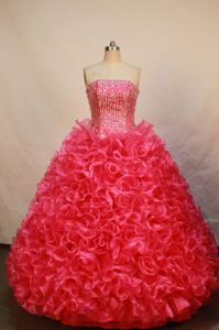 Strapless Red Quinceanera Dress in Abancay Peru with Ruffles and Beading