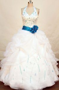 White Halter Beading Turquoise Sash Quinceanera Dress in Zacatecas Mexico