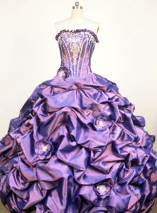 Handmade Flowers Appliques Strapless Purple Taffeta Quinceanera Gown