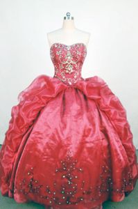 Affordable Beaded Strapless Appliques Pick Up Red Quinceanera Dress