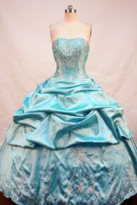 Lace Up Strapless Appliques Beading Teal Taffeta Quinceanera Dresses
