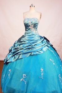 Blue Strapless Appliques Beading Floor-Length Taffeta Quince Gowns