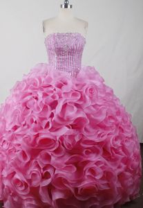 Ruffles Strapless Beading Dropped Waist Organza Pink Quinces Dresses