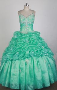 Teal Straps Applique Pick Up Lace Up Back Sweet Dress for Quinceanera