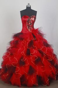 Lace Up Sweetheart Ruffles Red and Black Organza Quinceaneras Dress