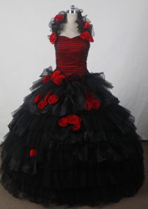 Halter Top Hand Made Flowers Black and Red Ruffles Quincenera Dress