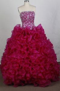 The Super Hot Fuchsia Strapless Ruffled and Beads Dress for Quince in Arlington