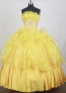 Yellow Strapless Appliques with hand-made flowers Quinceanera Gown in Carrollton