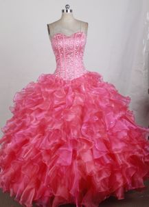 Sweetheart Beaded Ruffled Hot Pink Quinces Dresses in Vallenar Chile