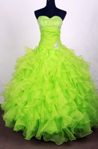 Famous Spring Green Ruffled Beaded Quinceanera Gown for Wholesale