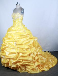 Pretty Brush Train Beaded Yellow Dress for Quince with Pick-ups on Sale