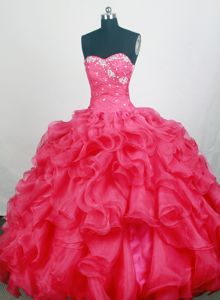 High-class Ruffled Beaded Coral Red Dress for Quinceanera on Big Discount