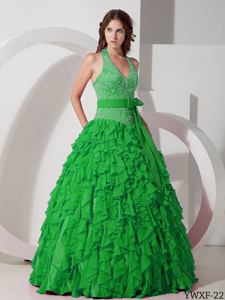 Green Halter Top Ruffles and Embroidery Sweet 15 Dresses with Bowknot