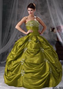 Olive Green Embroidery Ruche and Pick Ups Quinceanera Gown Dresses