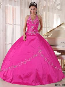 Hot Pink Halter Top Quinces Dresses with Beaded Embroidery near Alderson