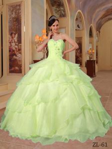 Beaded Flowers and Ruffled Layers Yellow Green Dress for Quince near Nitro