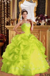 Cheap Yellow Green Ruche Sweet 16 Dress with Pick Ups and Embroidery