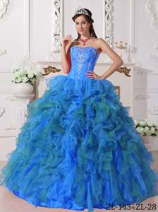 Embroidery and Ruffles Decorated Blue Puffy Quinceanera Gown in Athens