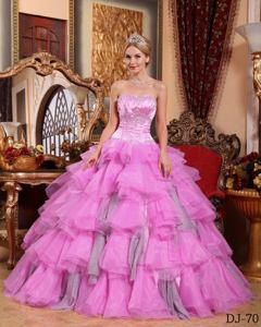 Rose Pink Beading Ruche and Ruffled Layers Quinceanera Dress in Bellevue