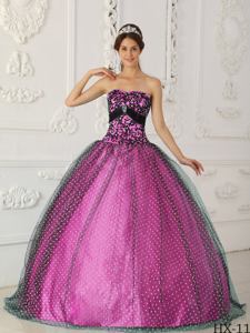 Fuchsia Strapless Taffeta and Tulle Beading and Appliques Quince Dresses