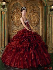 Wine Red Strapless Ruffles and Beading Organza Quinceanera Gown Dress