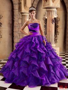 2014 Purple Strapless Floor-length Organza Ruffles Quinceanera Gown Dress