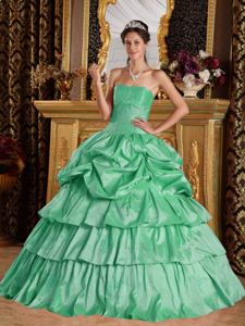 Long Apple Green Ball Gown Strapless Taffeta Beading Quinceanera Dress