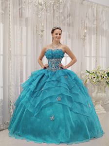 Teal Strapless Organza Beaded and Ruffled Sweet 15 Dresses in Victoria TX