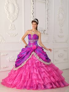 Hot Pink Strapless Ruffled Layers and Appliques Quinceanera Dress with Train