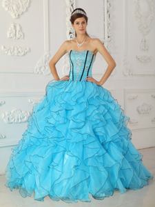 New Baby Blue Strapless Organza Sweet 15 Dresses with Ruffles and Appliques