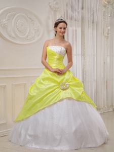 Yellow and White Strapless Beaded Quinceanera Gown Dress in San Antonio TX
