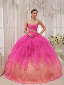 Hot Pink Strapless Ruched Quinceanera Dress with Beading and Flower in Waco