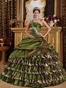 Olive Green One Shoulder Appliques and Ruffled Layers Dress for Quince in Plano