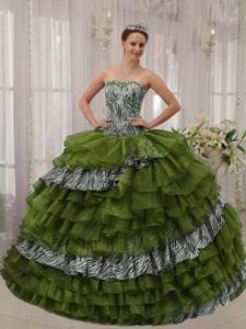 Olive Green Sweetheart Beaded Zebra Quinceanera Dress with Ruffled Layers