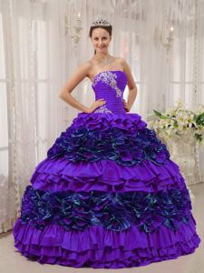 Hot Sale Long Purple Strapless Appliques and Ruching Quinceanera Dress