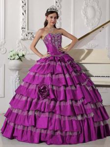 Flowery Fuchsia Sweetheart Quince Dress with Embroidery and Ruffled Layers