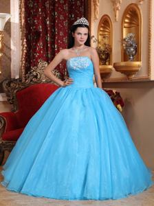 Pretty Baby Blue Strapless Appliques Quinceanera Dress with Organza Fabric