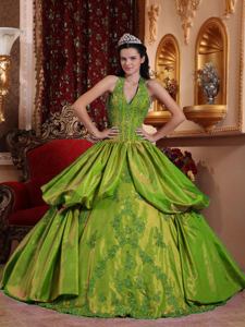 Green Halter Top Floor-length Appliques Quinceanera Dress in Chattanooga
