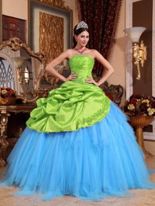 Upscale Strapless Appliques and Beading Spring Green and Blue Sweet 15 Dress