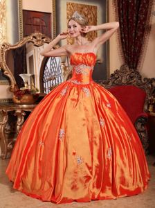 Hot Orange Red Strapless Quinceanera Gown with Appliques and Ruching